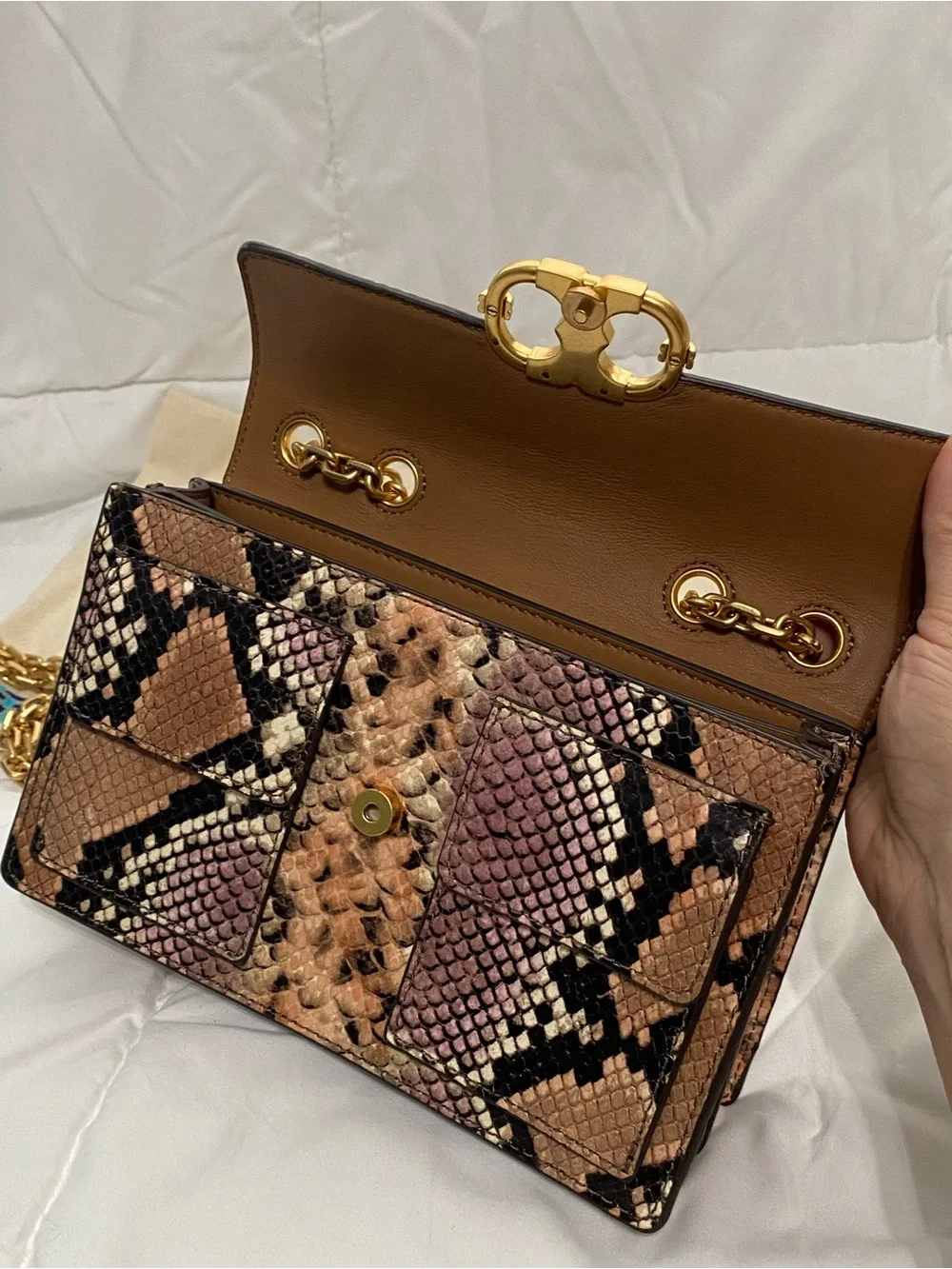NWOT Tory Burch Pink Python Crossbody Bag Chain Strap Gemini Link Gold Hardware